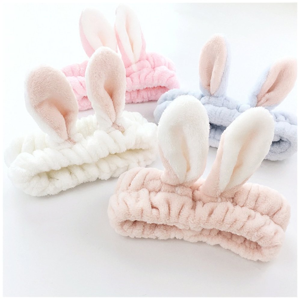 LOVEF 5Pcs Bunny Ear Cosmetic Headband Fashion Cute Fluffy Elastic Makeup Headband Hairband for Shower, Face Washing, Facial Mask, Spa, Cosplay, Party