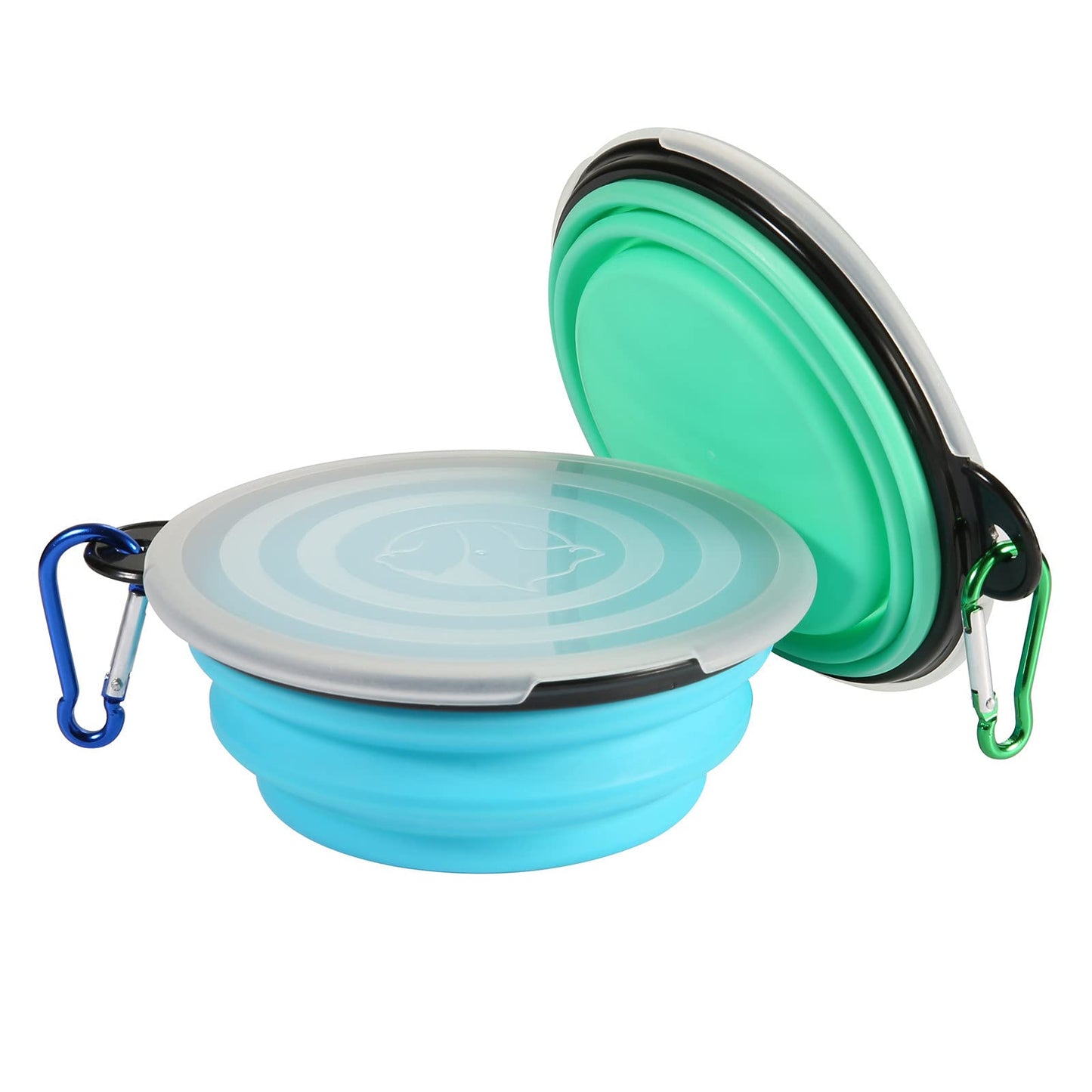 SLSON Collapsible Bowl with Cover Lids,2 Pack Dog Travel Bowls Portable Foldable Cat Water Dish Bowl for Pets Walking Parking Camping (Light Blue and Green, Small)