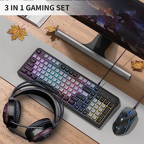 Camiysn Gaming Keyboard and Mouse Combo, 98-Key Layout Rainbow LED Backlit Keyboard and Mouse Gaming Headset Bundle, 3-in-1 Gamer Gift for PC Laptop, Black & Grey