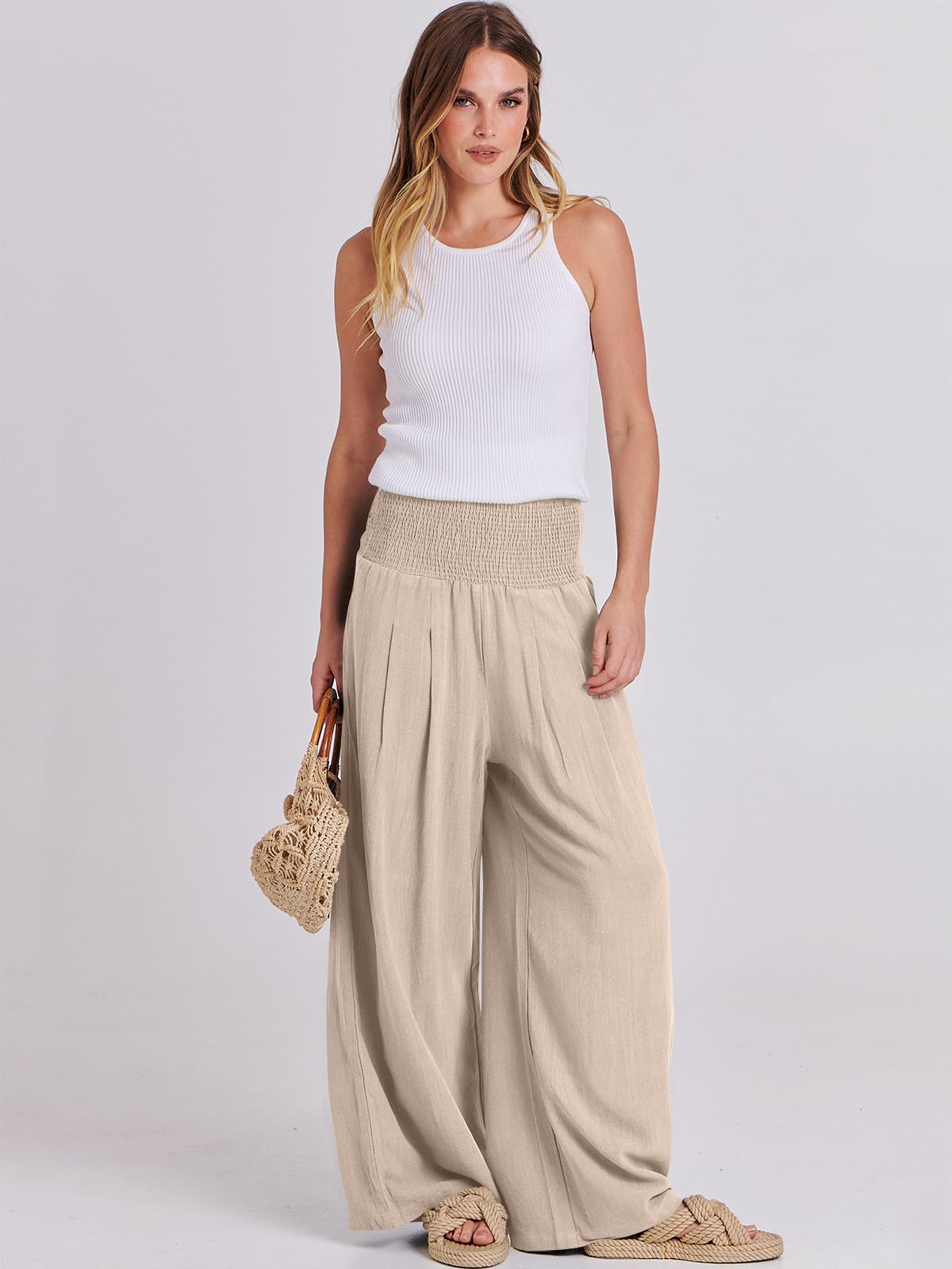 ANRABESS Women Linen Palazzo Pants Summer Boho Wide Leg High Waist Casual Lounge Pant Trousers with Pockets 1091mixing-S