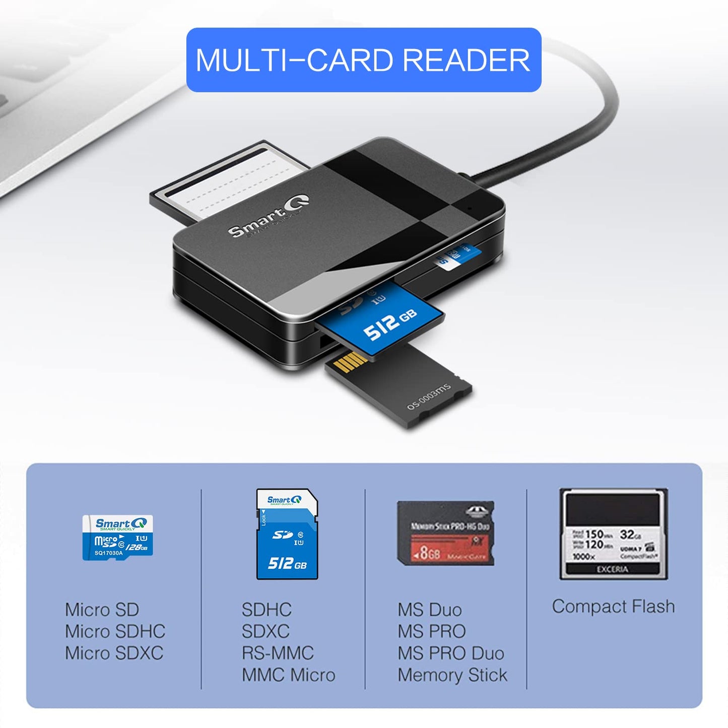 SmartQ C368 Card Reader - USB 3.0, Plug & Play for Apple and Windows. Supports SD, CF, MMC Cards.