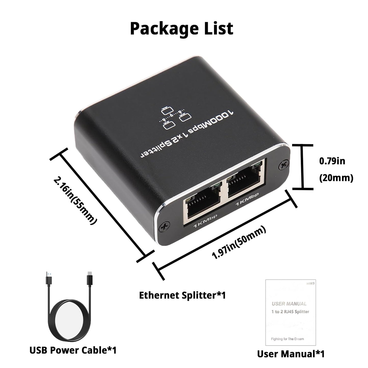 Pushua Ethernet Splitter 1 to 2 High Speed 1000Mbps, Gigabit Ethernet Splitter, LAN Splitter with USB Power Cable, RJ45 Splitter for Cat5/5e/6/7/8 Cable[2 Devices Simultaneously Networking]