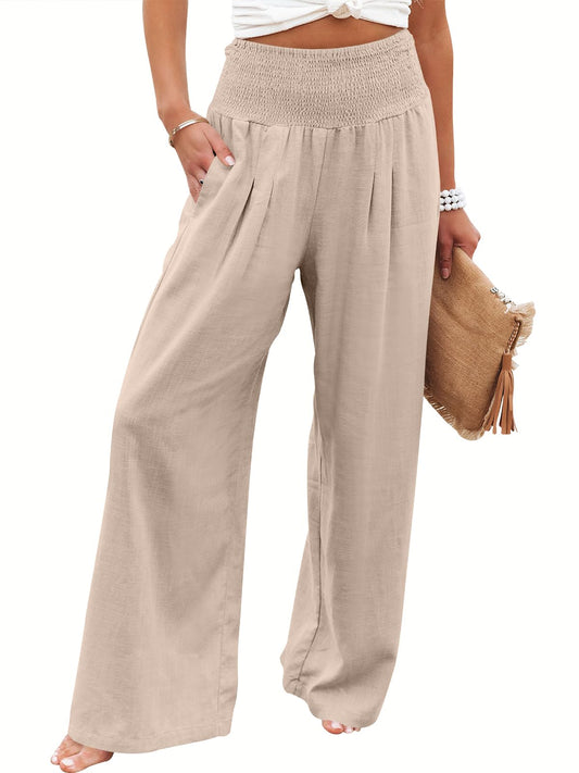 ANRABESS Women Linen Palazzo Pants Summer Boho Wide Leg High Waist Casual Lounge Pant Trousers with Pockets 1091mixing-S
