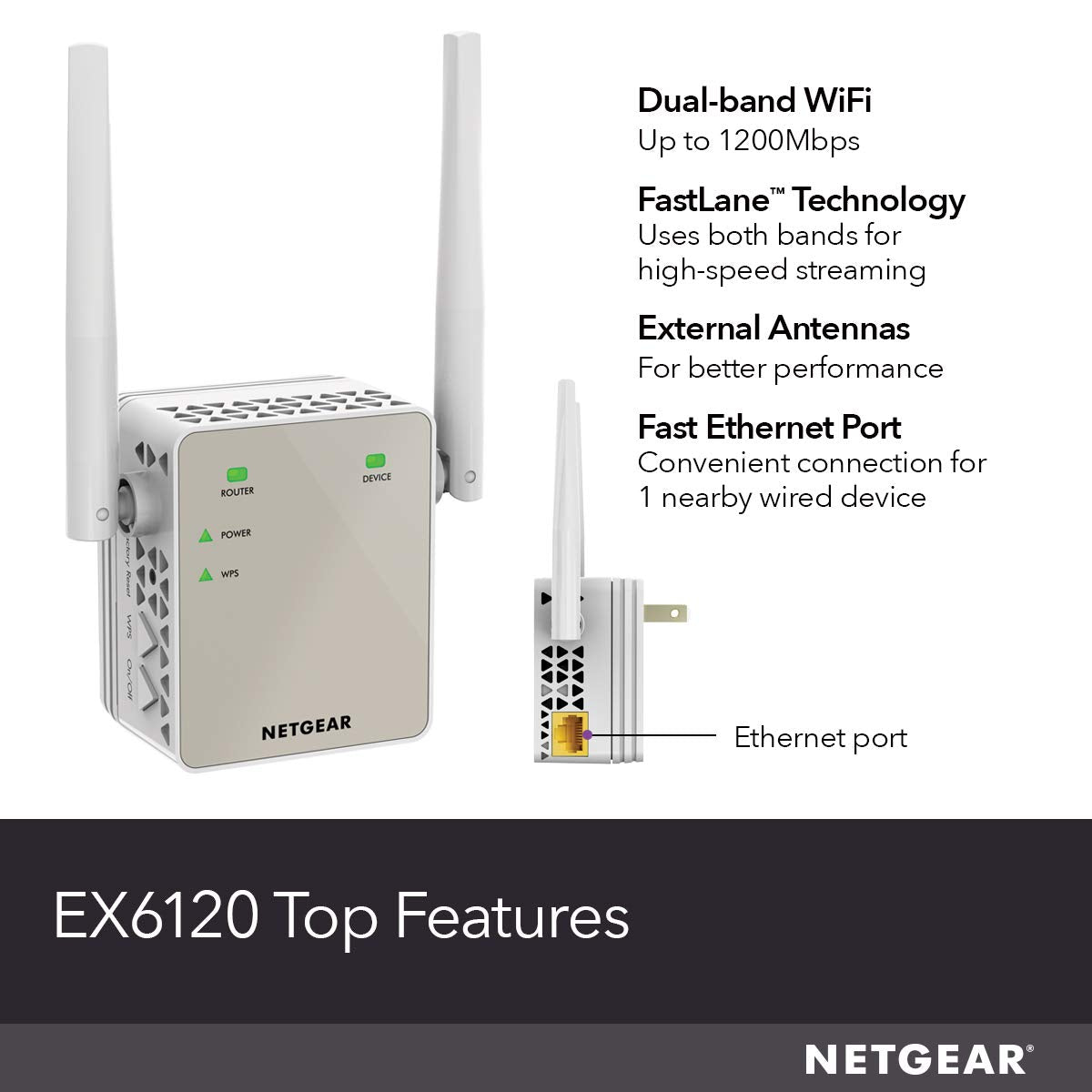 NETGEAR Wi-Fi Range Extender EX6120 - Coverage Up to 1500 Sq Ft and 25 Devices with AC1200 Dual Band Wireless Signal Booster & Repeater (Up to 1200Mbps Speed), and Compact Wall Plug Design, White