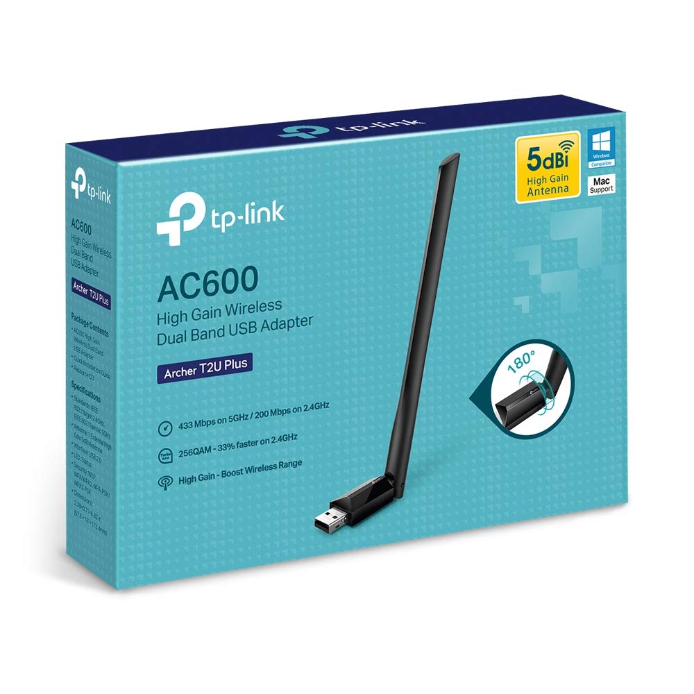 TP-Link AC600 USB WiFi Adapter for PC (Archer T2U Plus)- Wireless Network Adapter for Desktop with 2.4GHz, 5GHz High Gain Dual Band 5dBi Antenna, Supports Win11/10/8.1/8/7/XP, Mac OS 10.9-10.14