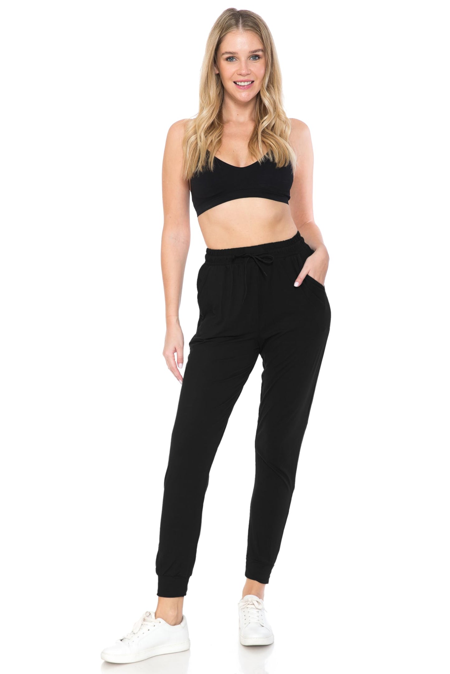 Leggings Depot Womens Relaxed fit Jogger Pants - Track Cuff Sweatpants with Pockets, Black, Small