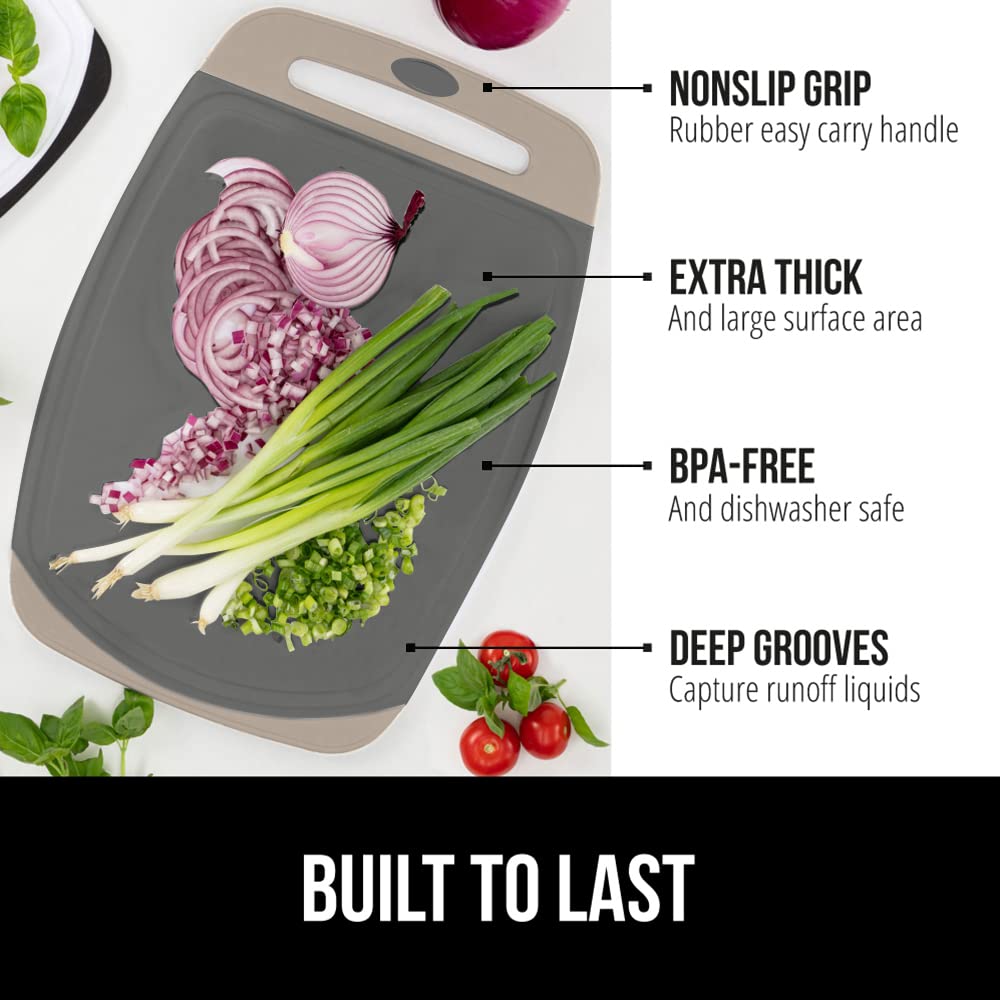 The Original Gorilla Grip Oversized 100% BPA Free Reversible Durable Kitchen Cutting Board Set of 3, Juice Grooves, Dishwasher Safe, Easy Grip Handle Border, Food Chopping Boards, Cooking, Almond Gray