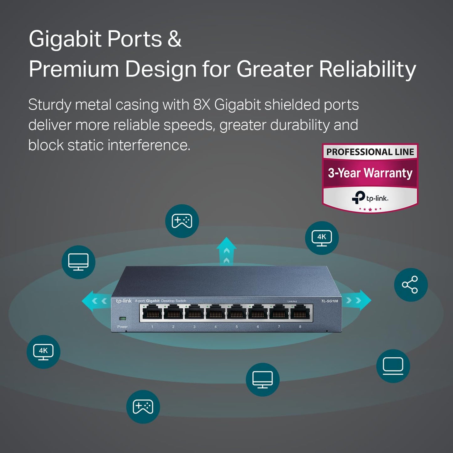 TP-Link TL-SG108 8 Port Gigabit Unmanaged Ethernet Network Switch, Ethernet Splitter Plug & Play Fanless Metal Design Shielded Ports Traffic Optimization