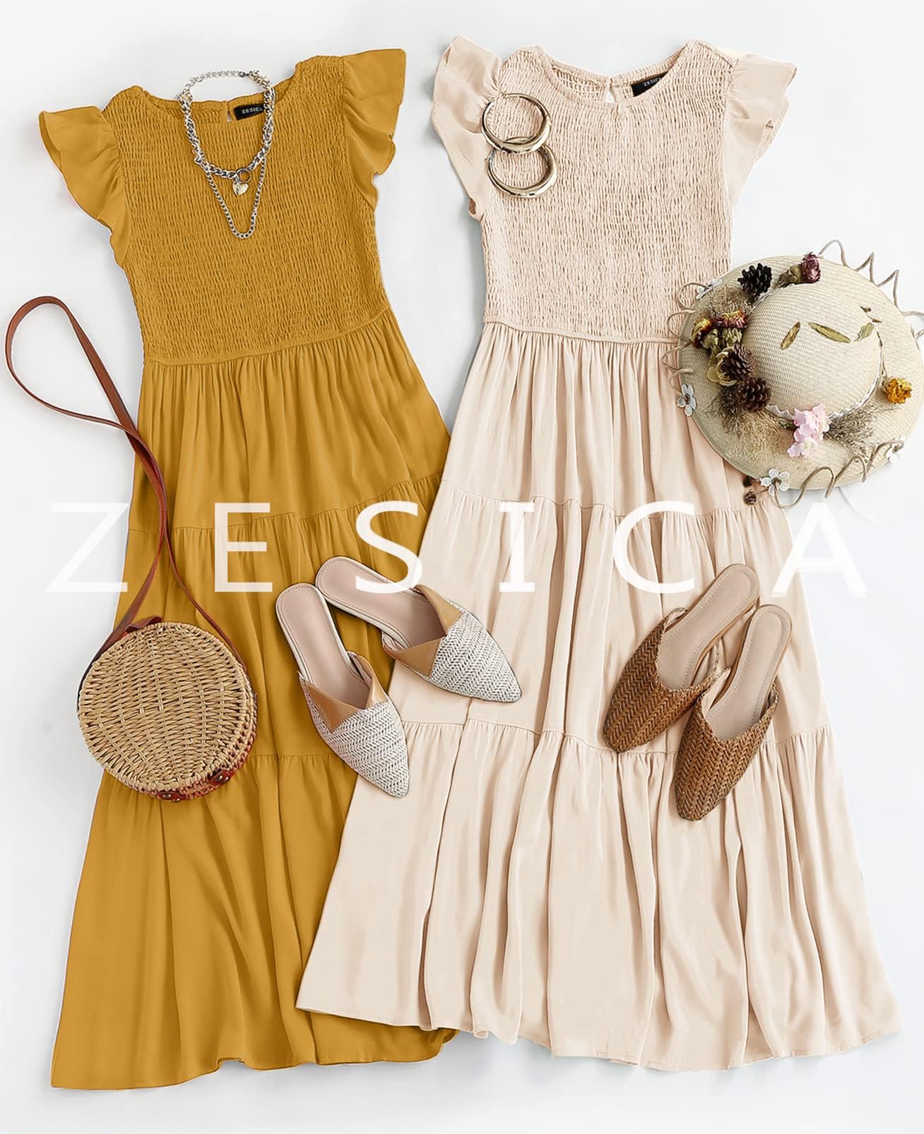 ZESICA Women's 2024 Summer Casual Flutter Short Sleeve Crew Neck Smocked Elastic Waist Tiered Midi Dress,Apricot,X-Small