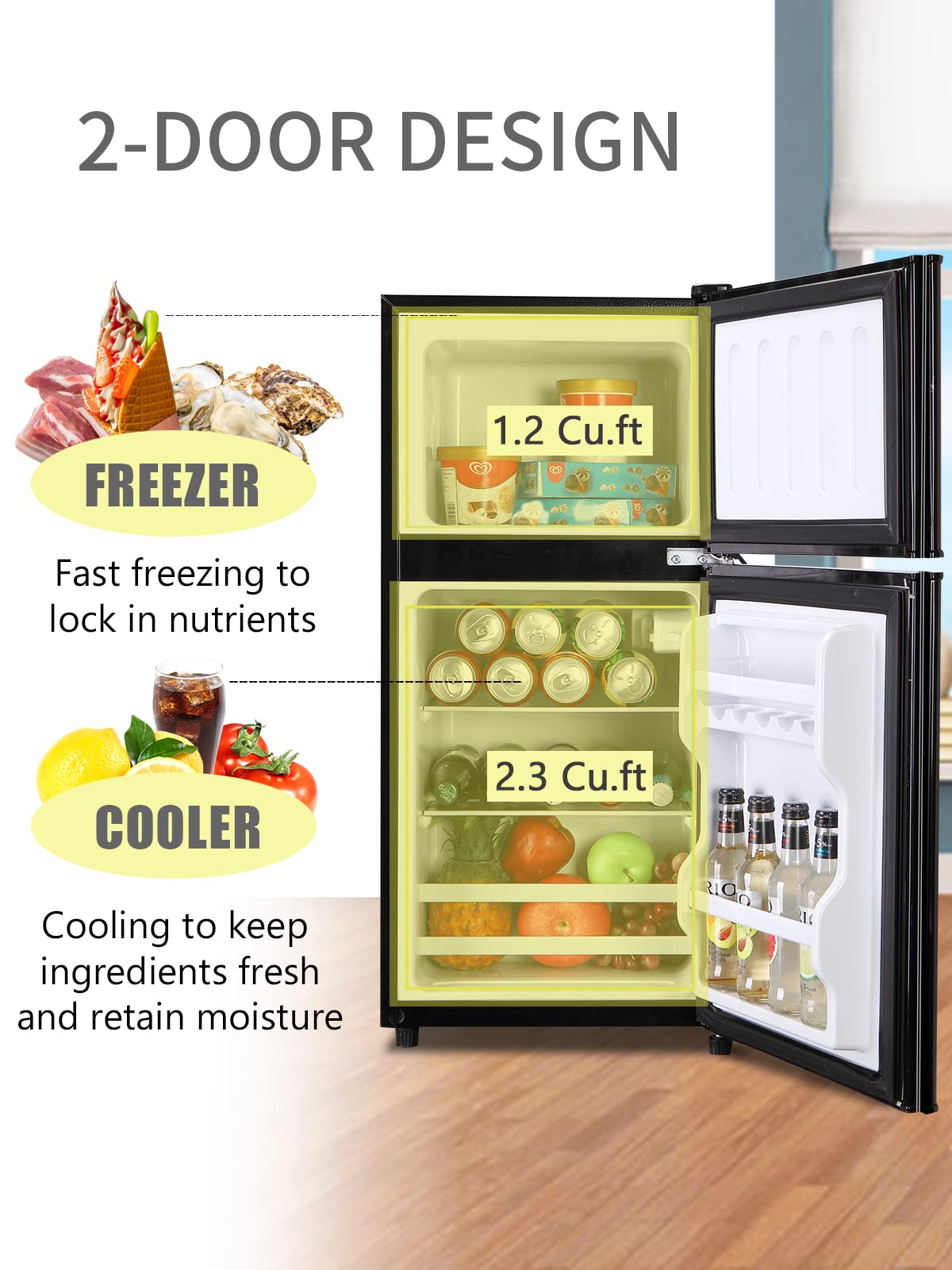 KRIB BLING 3.5 Cu.Ft Compact Refrigerator with Freezer, Retro Fridge, Mini Fridge with Two Door Design, 7 Level Adjustable Thermostat for Dorm, Office, Bedroom, Apartment, Black