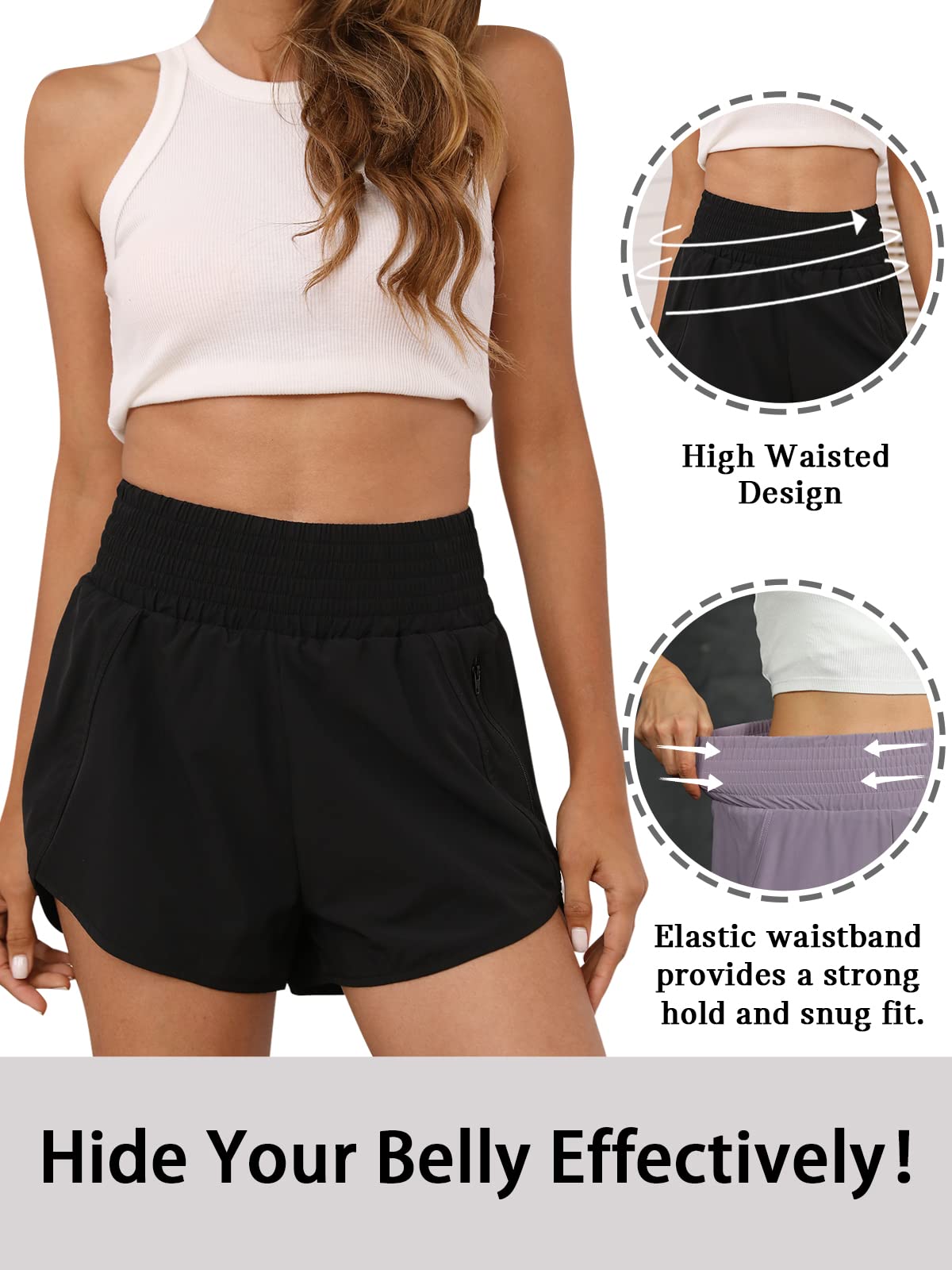 BMJL Women's Athletic Shorts High Waisted Running Shorts Pocket Sporty Shorts Gym Elastic Workout Shorts(XS,Black)