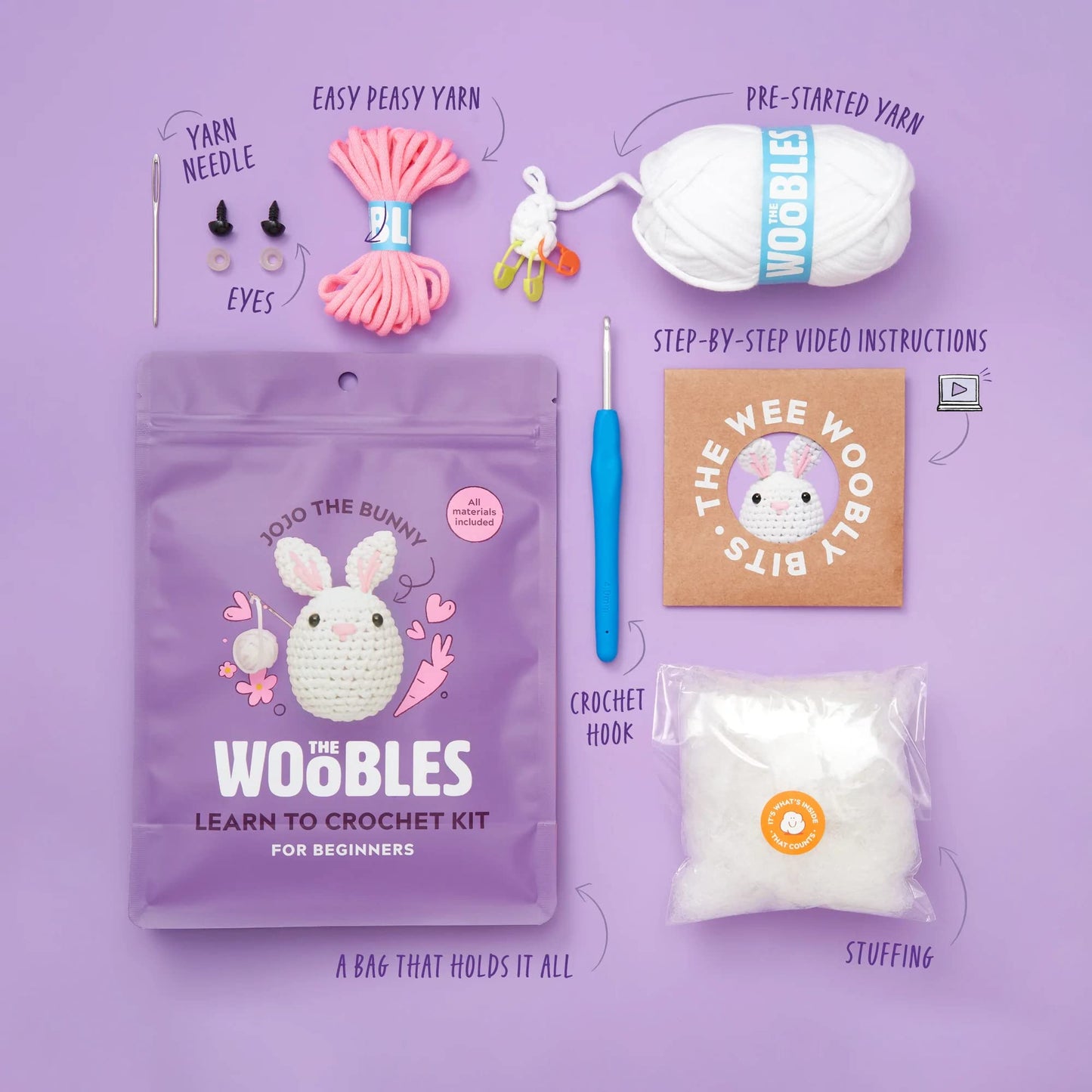 The Woobles Beginners Crochet Kit with Easy Peasy Yarn as seen on Shark Tank - for Step-by-Step Video Tutorials JoJo Bunny