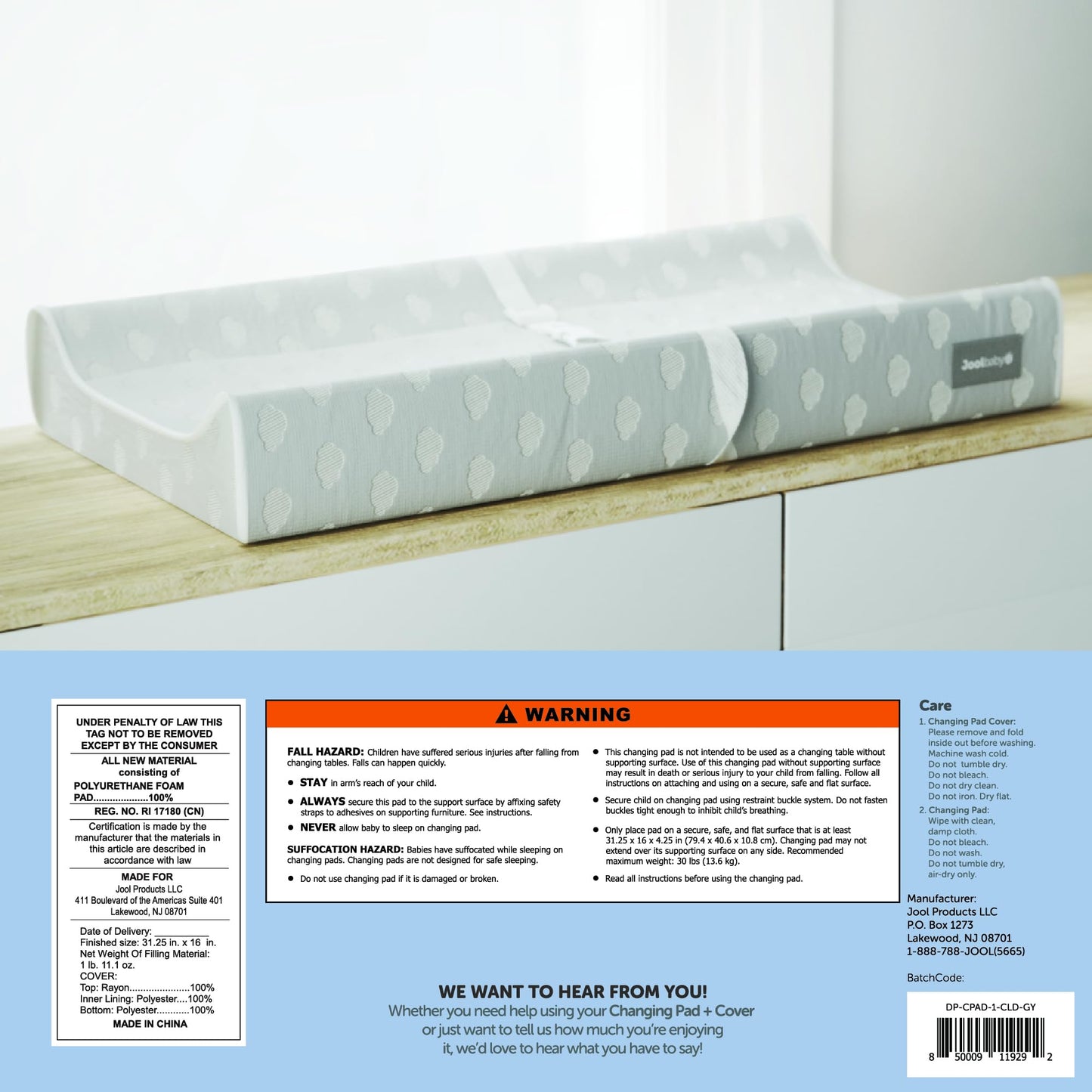 Jool Baby Changing Pad - Contoured, Waterproof & Non-Slip, Includes a Cozy, Breathable, & Washable Cover (Gray)
