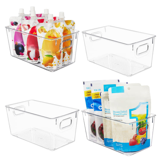 YIHONG Clear Small Pantry Storage Organizer Bins, 4 Pack Plastic Food Storage Bins with Handle for Kitchen,Refrigerator, Freezer,Cabinet,Drawer Organization