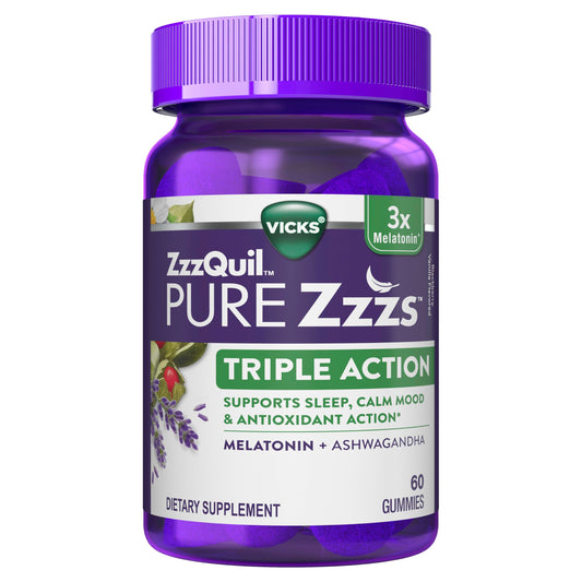 ZzzQuil PURE Zzzs Triple Action, 6mg Melatonin Gummies, 3X Melatonin Sleep Aid with Ashwagandha, Calm Mood & Antioxidant Action, Sleep Aid for Adults, 6 mg per serving, 60 Count