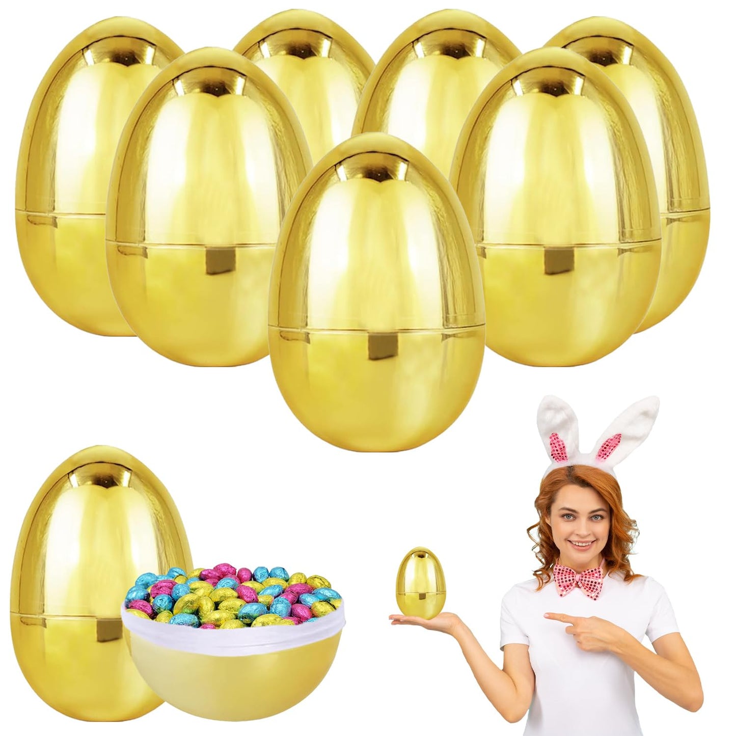 Chochkees Jumbo Golden Easter Eggs Metallic Gold, Goodie Basket Prize, 6" Inch (6-Pack)