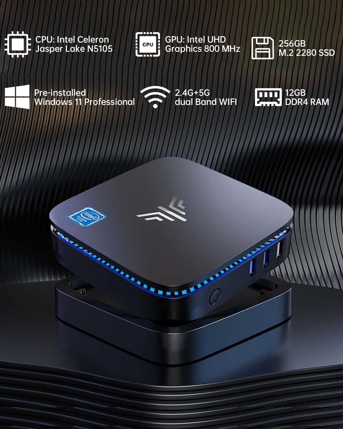 KAMRUI Mini PC, AK1 PRO 12GB RAM 256GB SSD Mini Desktop Computer Intel Celeron N5105 Processor,Quad Core Micro Computer 4K, Support 2.5-inch SSD, 2.4G/ 5.0G WiFi, Gigabit Ethernet, HTPC