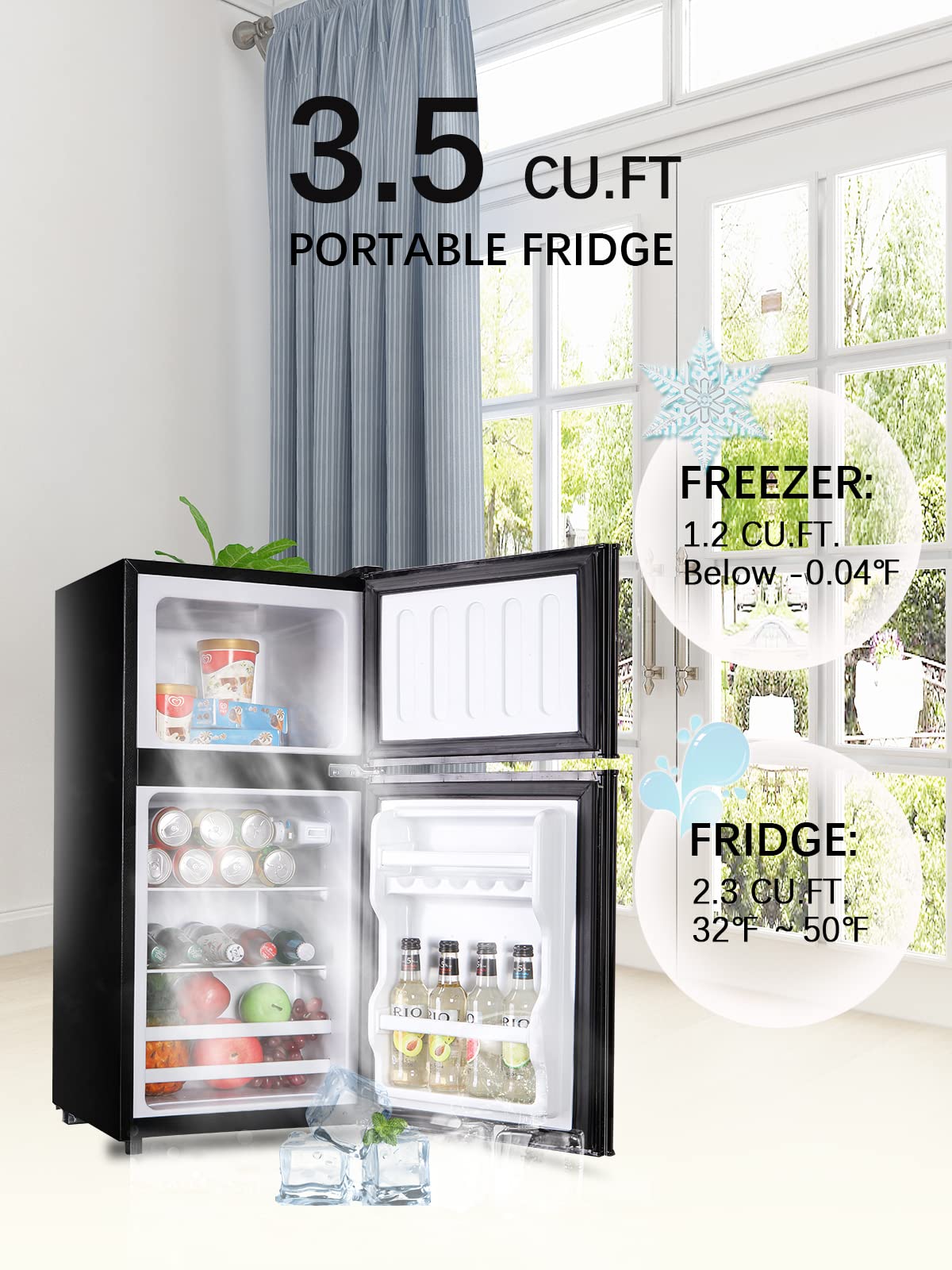 KRIB BLING 3.5 Cu.Ft Compact Refrigerator with Freezer, Retro Fridge, Mini Fridge with Two Door Design, 7 Level Adjustable Thermostat for Dorm, Office, Bedroom, Apartment, Black