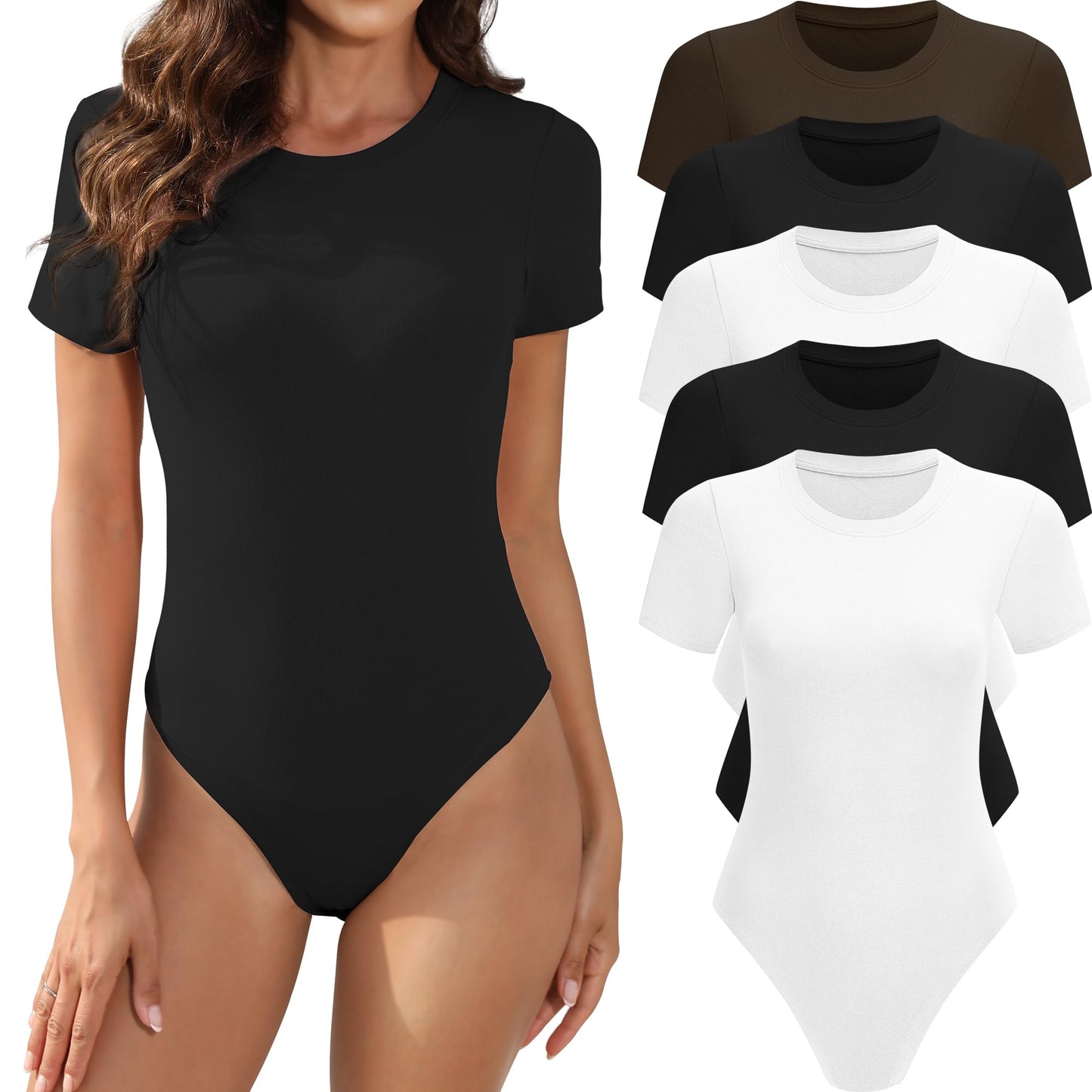MLYENX 5 Pack Short Sleeve Bodysuit For Women Round Neck Casual Stretchy Basic T Shirt Bodysuit Tops