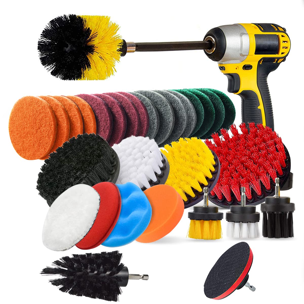 JUSONEY 31 Piece Drill Brush Attachment- Drifferent Size and Hardness- Premium Scrub Pads & Sponge- With Extend Long Attachment- Power Scrubber Brush Cleaning for Grout, Tiles, Sinks, Bathtub, Kitchen