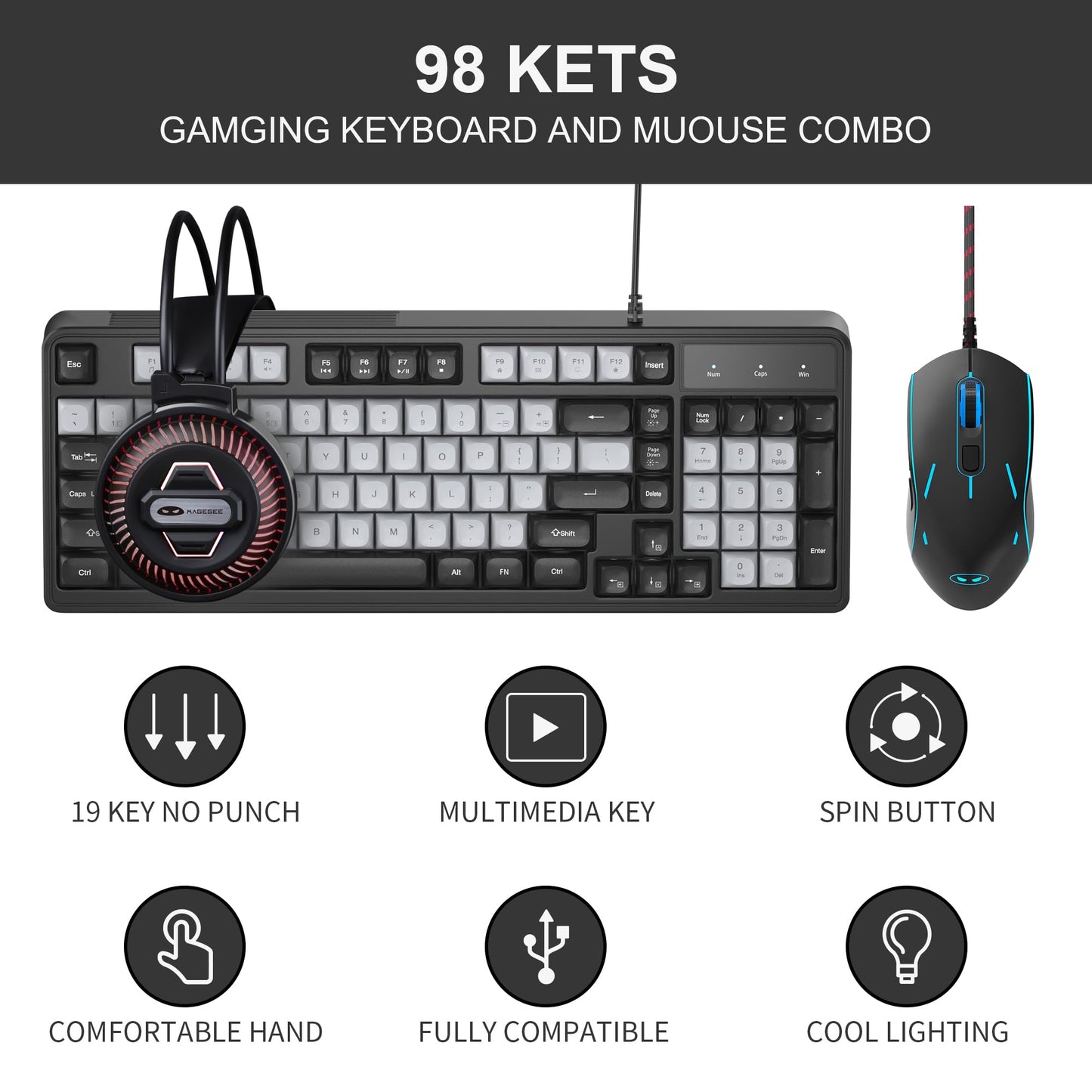 MageGee RGB Gaming Keyboard and Mouse Combo Headset,GK980 Wired Backlit Keyboard and Black Gaming Mouse Combo,PC Keyboard and Adjustable DPI Mouse for PC/loptop/MAC(Black Grey)…