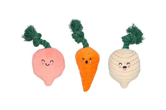 Pearhead Spring Garden Veggies Dog Toys, Radish, Carrot and Turnip Squeaky Rope Toys, Gift for Pet Parents, Vegetable Plush Dog Toys, Set of 3