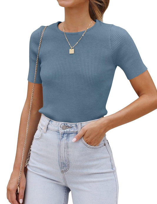 ZESICA Women's Short Sleeve Crewneck T Shirt 2024 Summer Ribbed Knit Slim Fit Basic Solid Color Tee Tops,Dustyblue,X-Small