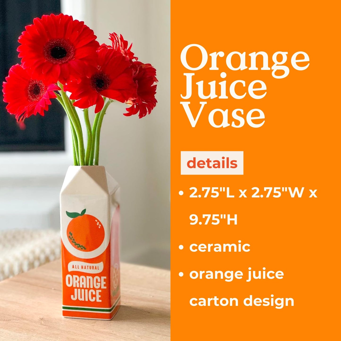 ban.do Vintage Inspired Rise and Shine Decorative Ceramic Vase, Unique Home/Kitchen/Office Accent, Orange Juice