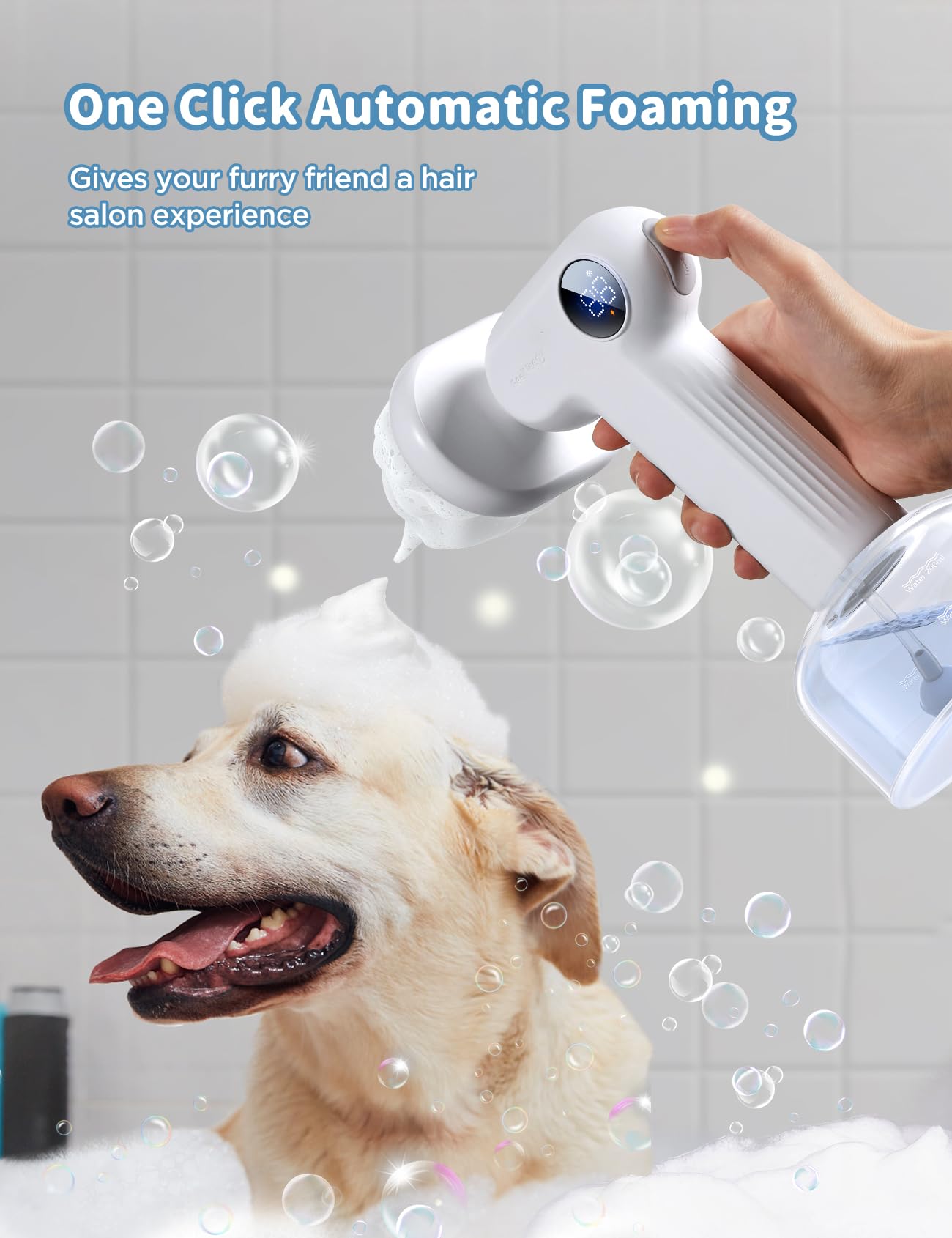 FEELNEEDY Automatic Foaming Soap Dog Bath Brush, Foaming Dispenser with Soft Silicone Massage Dog Shampoo Brush, One-click Deep Cleaning Dog Washing Brush for Short and Long Haired Pet, White