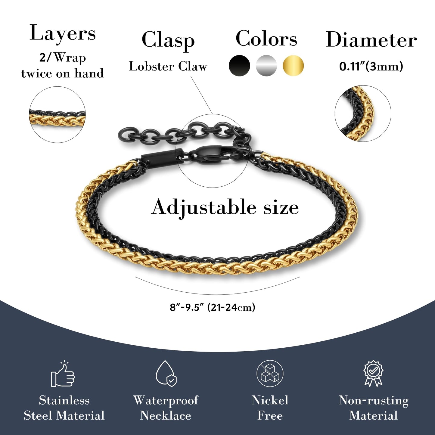 Galis Mens Bracelet - Stainless Steel Bracelet for Men, Non Tarnish Gold Plated Rope Chain Bracelet, Stylish Birthday Bracelets For Boys & Men, Gold & Black Bracelet For Men 8" length Bracelet Set