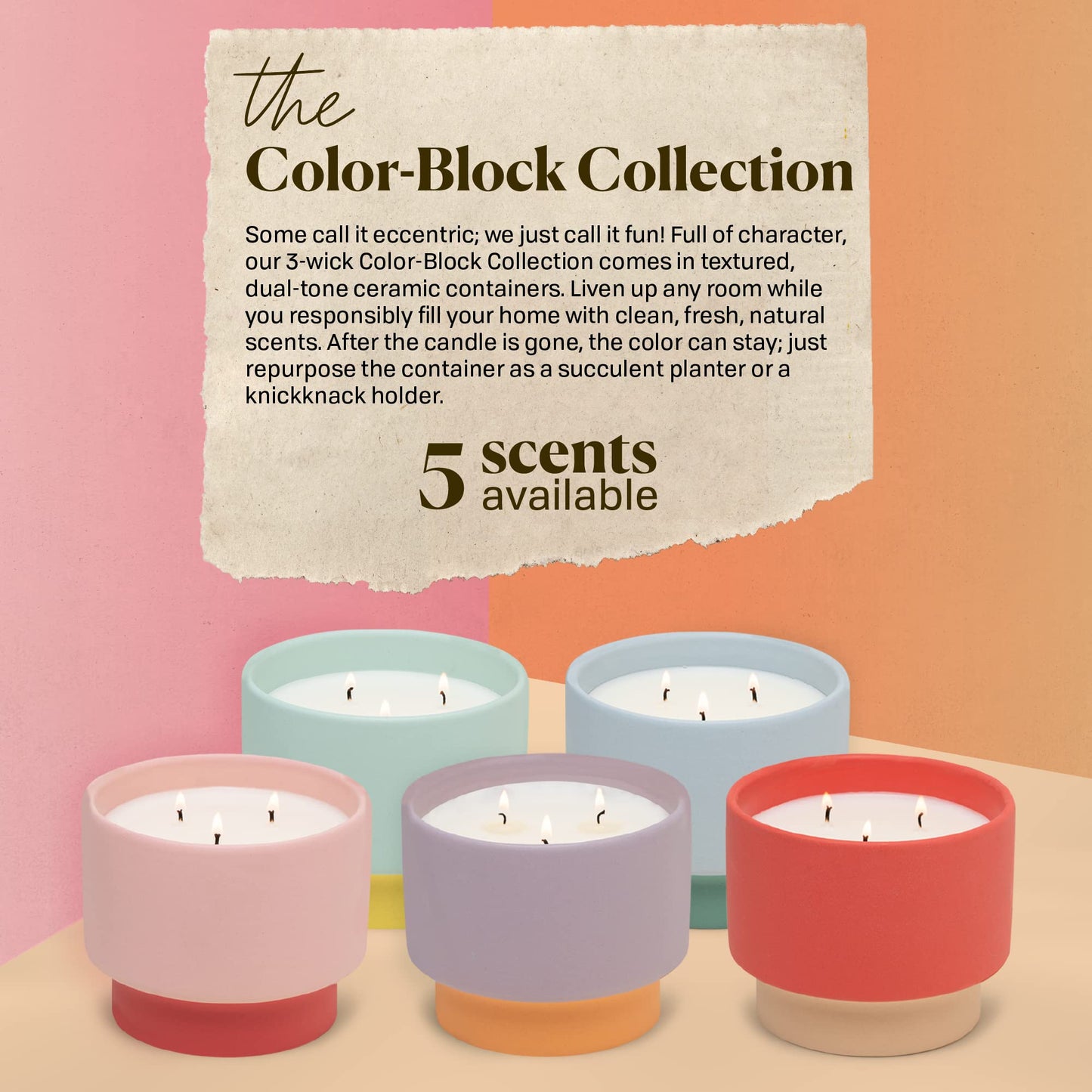 Paddywax Color Block Artisan Hand-Poured Scented Candle, 16-Ounce, Purple/Orange - Violet & Vanilla