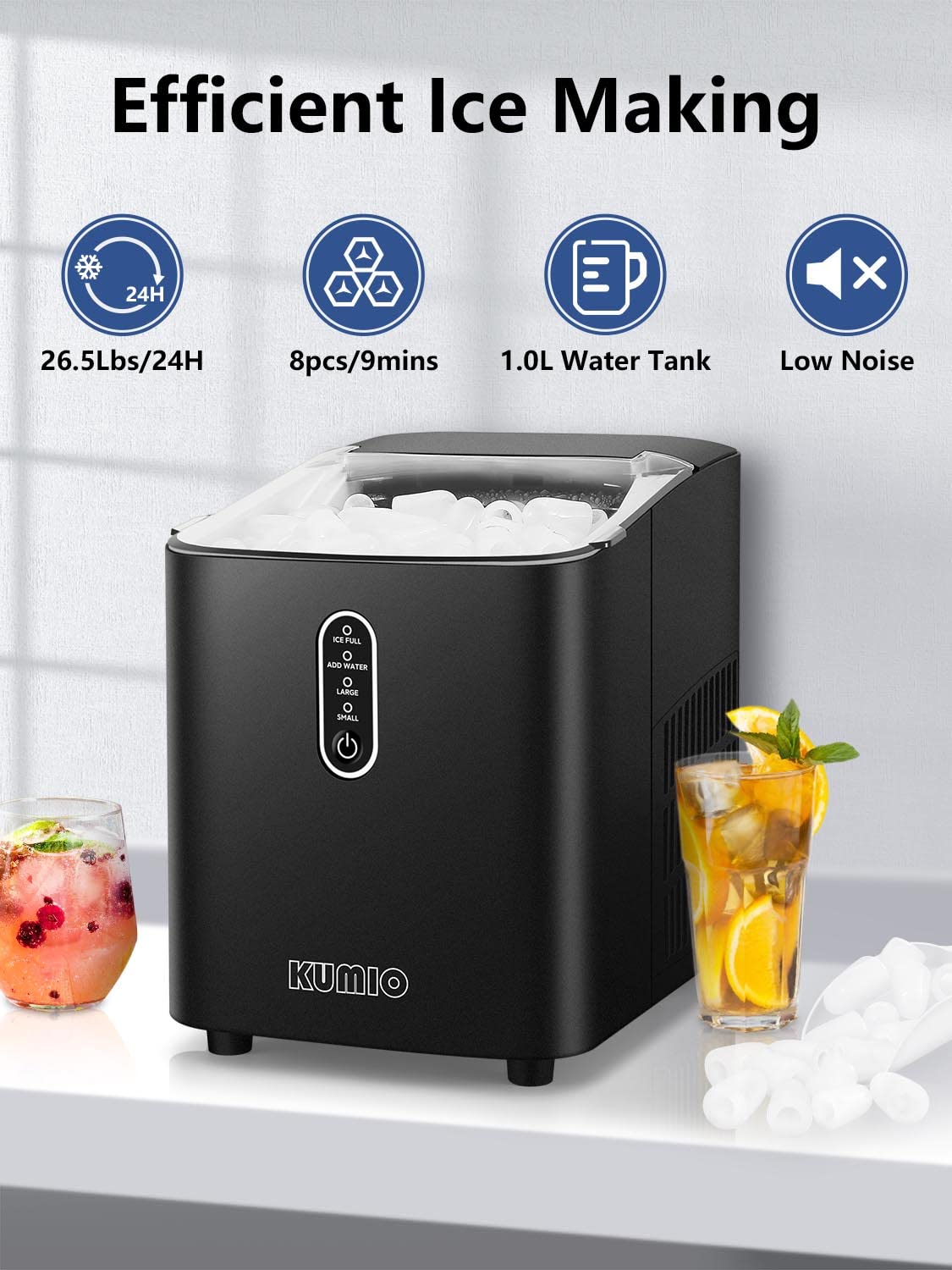 KUMIO Ice Makers Countertop, Portable Ice Maker with Self-Cleaning, 8 Cubes/9 Mins, 26.5Lbs/24Hrs, Ice Machine with Scoop and Basket, 2 Sizes of Bullet Ice for Home Office Bar Party