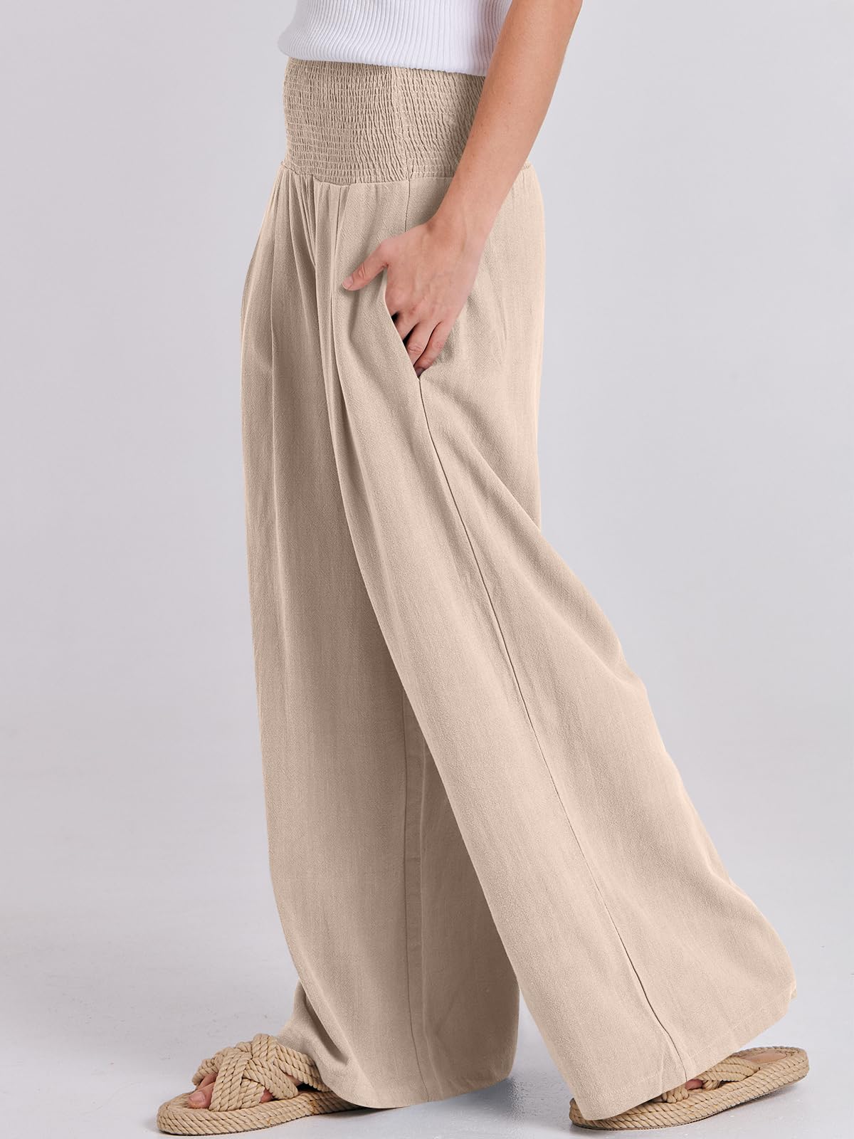 ANRABESS Women Linen Palazzo Pants Summer Boho Wide Leg High Waist Casual Lounge Pant Trousers with Pockets 1091mixing-S