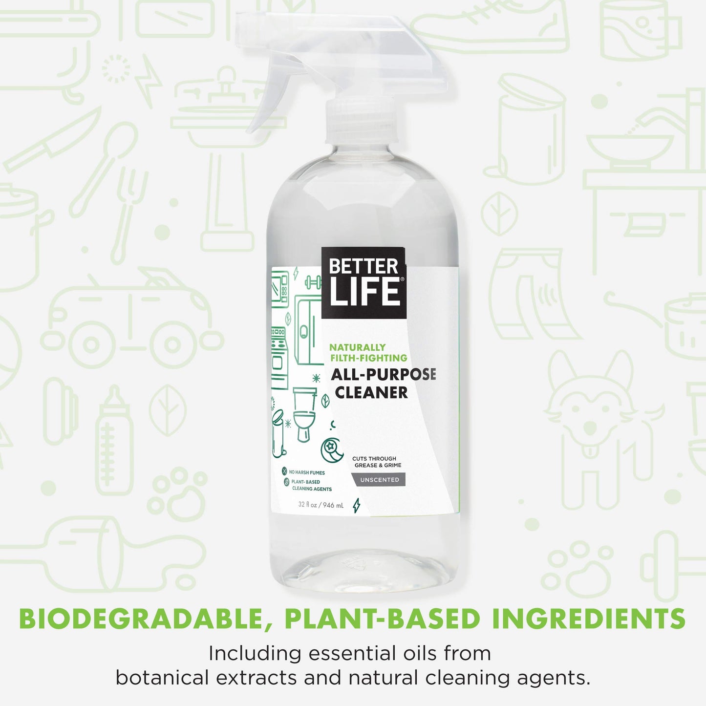 Better Life All Purpose Cleaner - Multipurpose Home and Kitchen Cleaning Spray for Glass, Countertops, Appliances, Upholstery & More - Multi-surface Spray Cleaner - 32oz (Pack of 2) Unscented