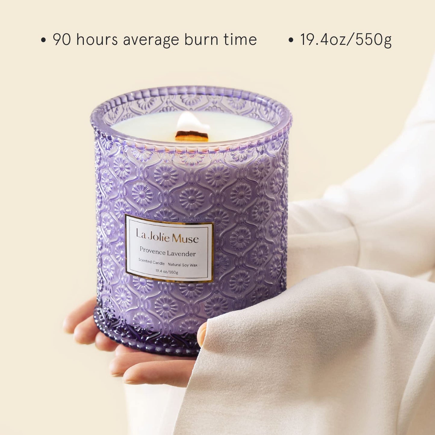 LA JOLIE MUSE Lavender Candle, Valentines Day Gifts for Her, Large Natural Soy Candle, 90 Hours Burning Time, Wood Wicked Candle, Aromatherapy Candle Gifts for Women, Luxury Candles for Home