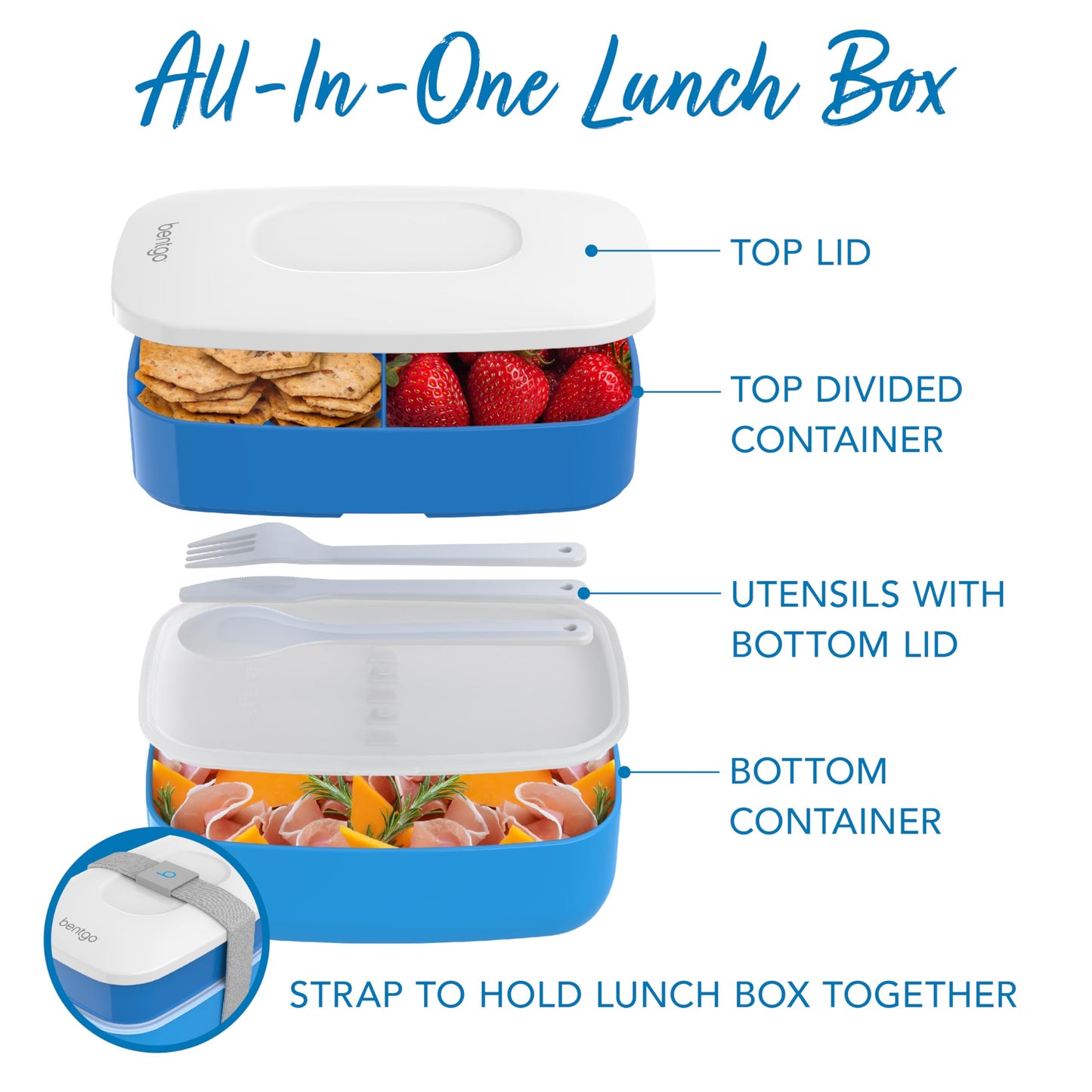 Bentgo® Classic - Adult Bento Box, All-in-One Stackable Lunch Box Container with 3 Compartments, Plastic Utensils, and Nylon Sealing Strap, BPA Free Food Container (Blue)