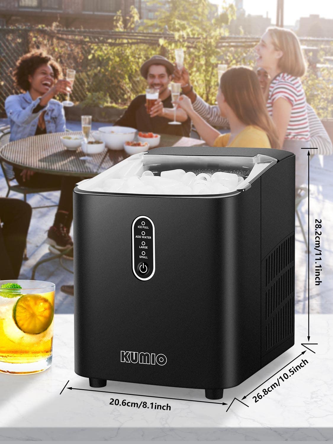 KUMIO Ice Makers Countertop, Portable Ice Maker with Self-Cleaning, 8 Cubes/9 Mins, 26.5Lbs/24Hrs, Ice Machine with Scoop and Basket, 2 Sizes of Bullet Ice for Home Office Bar Party