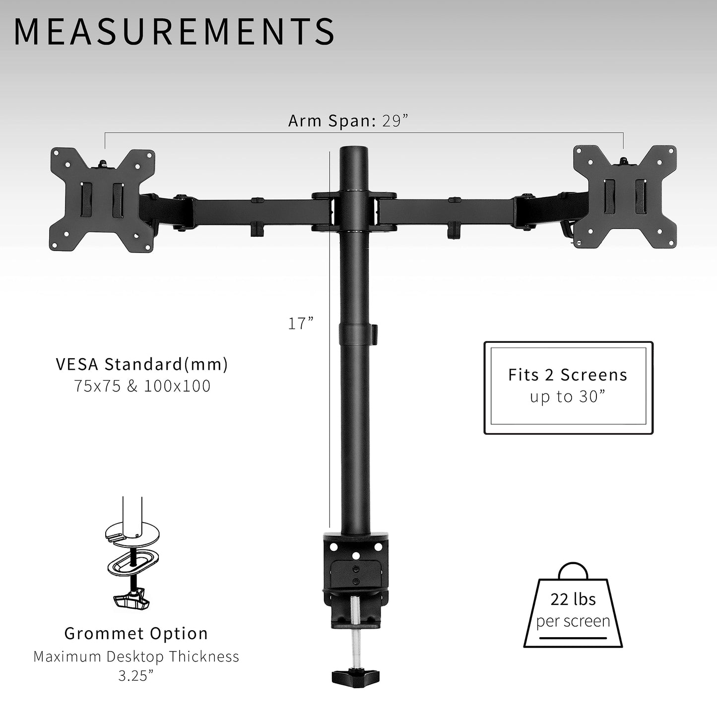 VIVO Dual Monitor Desk Mount, Heavy Duty Fully Adjustable Steel Stand, Holds 2 Computer Screens up to 30 inches and Max 22lbs Each, Black, STAND-V002