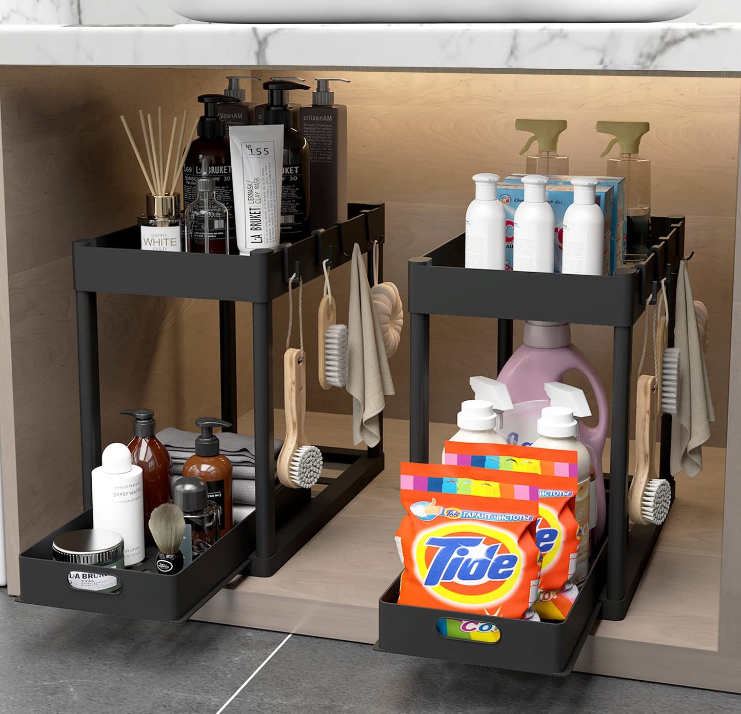 POUGNY 2PC Under Sink Organizer Rack 2 Tier Under Sliding Cabinet Basket Organizer Drawer with 4 Hooks, Multi-purpose Under Sink Storage for Bathroom Kitchen Desktop（Black）