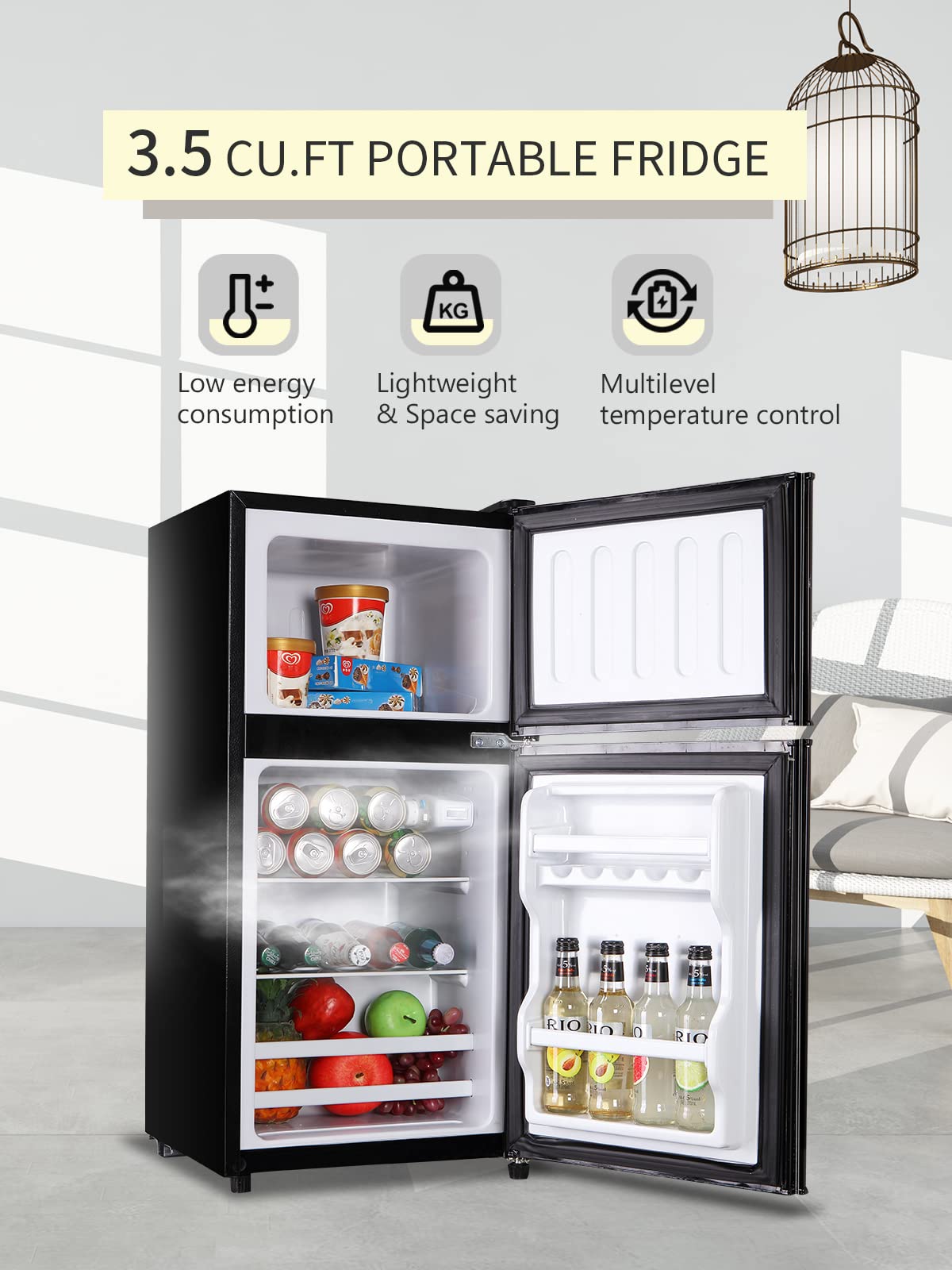 KRIB BLING 3.5 Cu.Ft Compact Refrigerator with Freezer, Retro Fridge, Mini Fridge with Two Door Design, 7 Level Adjustable Thermostat for Dorm, Office, Bedroom, Apartment, Black