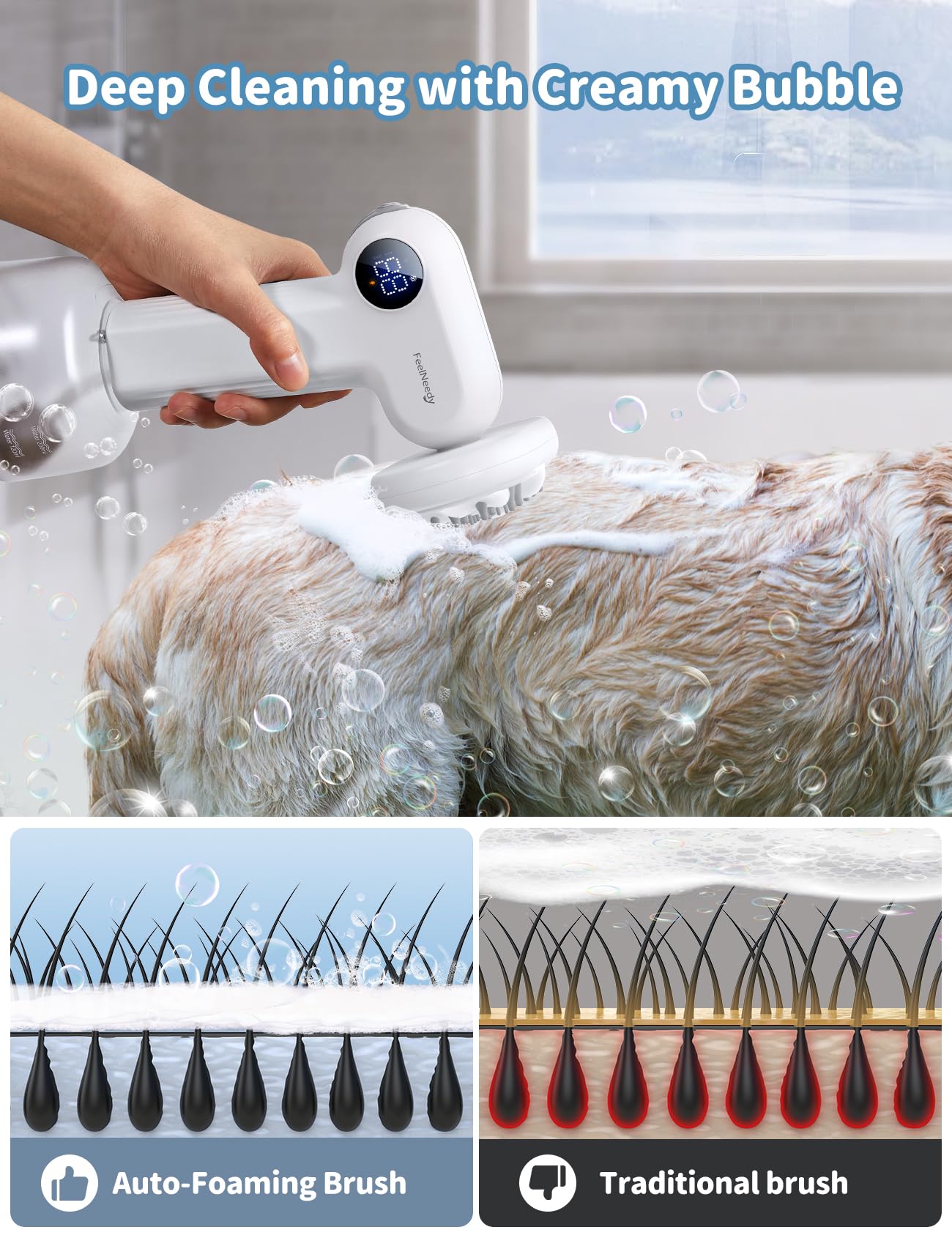 FEELNEEDY Automatic Foaming Soap Dog Bath Brush, Foaming Dispenser with Soft Silicone Massage Dog Shampoo Brush, One-click Deep Cleaning Dog Washing Brush for Short and Long Haired Pet, White