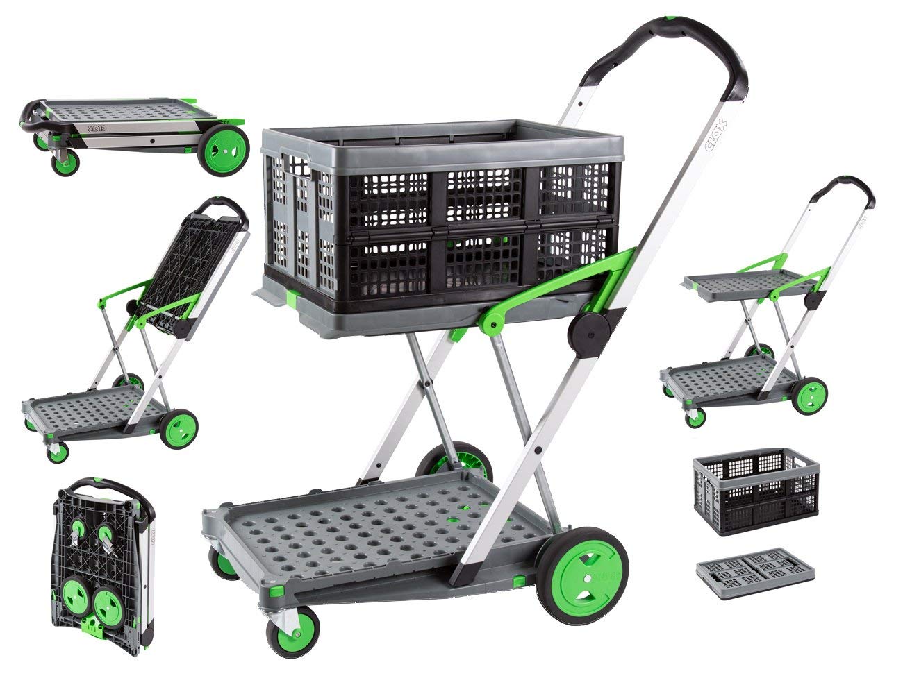 CLAX® The Original | Made in Germany | Multi use Functional Collapsible carts | Mobile Folding Trolley | Shopping cart with Storage Crate | Platform Truck (Green)