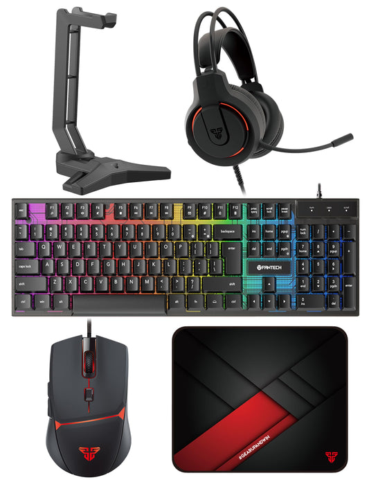 FANTECH P51S Gaming Keyboard and Mouse Combo, Gaming Headset and Headphone Stand Gaming Mouse Pad Wired RGB Rainbow Backlight PC Gamer Basic 5 in-1 Gaming Set