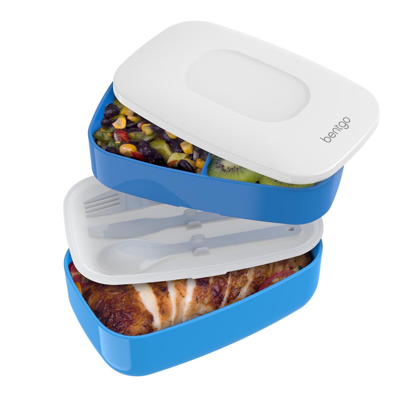 Bentgo® Classic - Adult Bento Box, All-in-One Stackable Lunch Box Container with 3 Compartments, Plastic Utensils, and Nylon Sealing Strap, BPA Free Food Container (Blue)