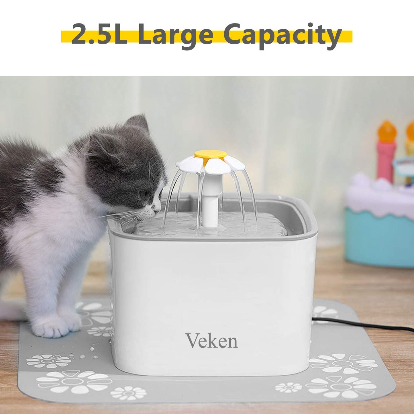 Veken Pet Fountain, 84oz/2.5L Automatic Cat Water Fountain Dog Water Dispenser with 3 Replacement Filters & 1 Silicone Mat for Cats, Dogs, Multiple Pets, Grey