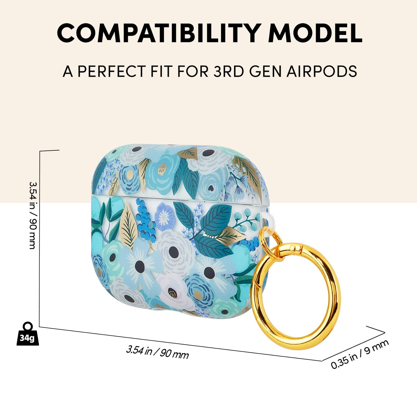 Rifle Paper Co. AirPods 3rd Generation Case with Keychain [Wireless Charging Compatible] [Visible LED] Protective Case for AirPods 3 with Floral Design, Anti Scratch, Shockproof - Garden Party Blue