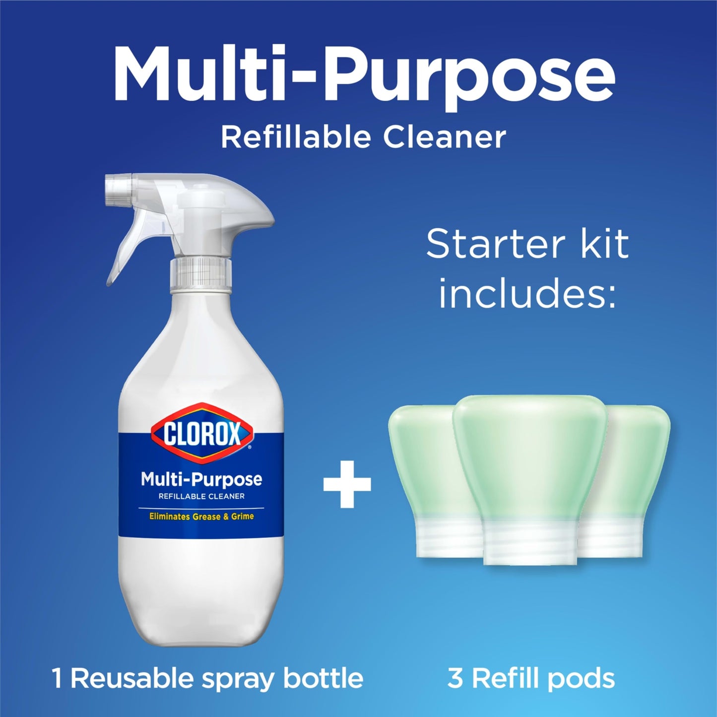 Clorox Multi-Purpose Spray Starter Kit 3x1.125fo, Household Essentials, Concentrated Refill + 20fo Spray Bottle