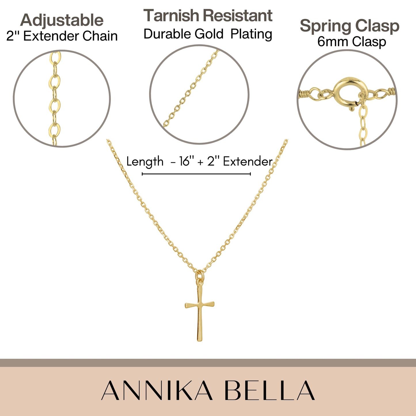 Annika Bella Sterling Silver Cross Necklace for Women, Length 16-18 Inches, Women's Small Simple Cross Pendant Necklaces in Silver or Gold, Waterproof, Faith Gift (Gold)