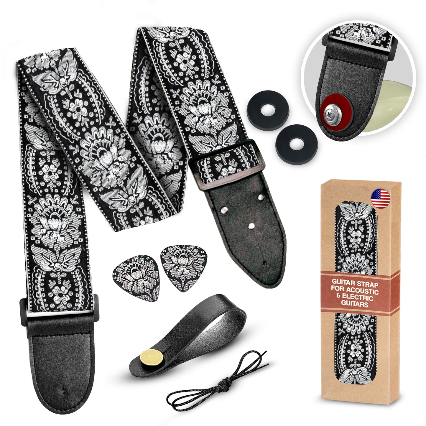 Art Tribute Guitar Strap Royal Black Silver Woven W/FREE BONUS- 2 Picks + Strap Locks + Strap Button For Bass, Electric & Acoustic Guitar. Best Gift for Men & Women Guitar Players