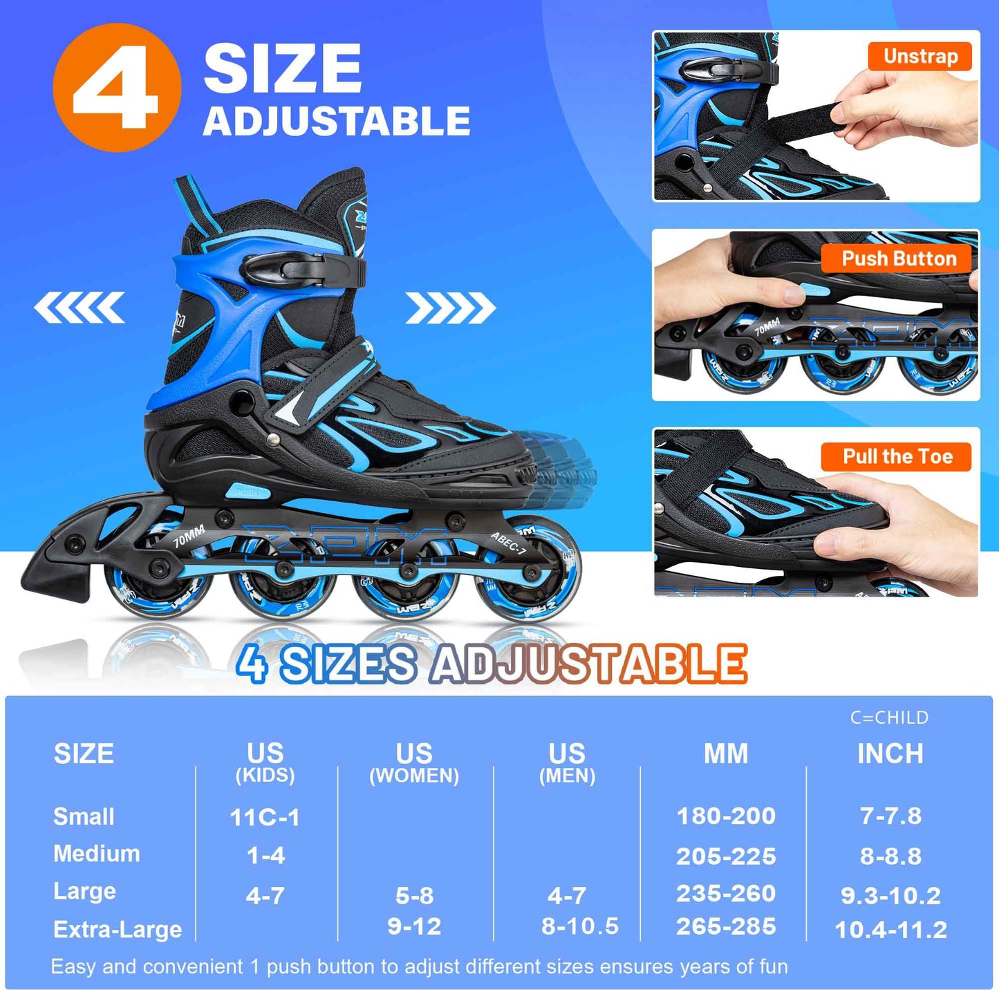 2PM SPORTS Vinal Boys Adjustable Flashing Inline Skates, All Wheels Light Up, Fun Illuminating Skates for Kids and Men- Azure Small (1-4 US)